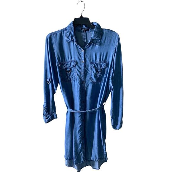 New Look Button Up Tunic Dress Womens 1X Long Sleeve Drawstring Chambray Denim - Picture 1 of 7